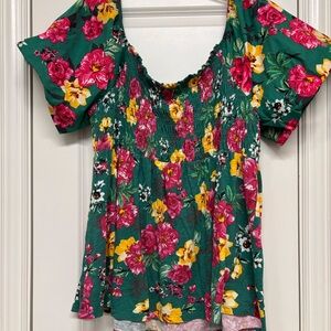 CUTE! 2x Torrid Women Plus Size Green Pink Yellow Floral Smock Stretch Knit Top